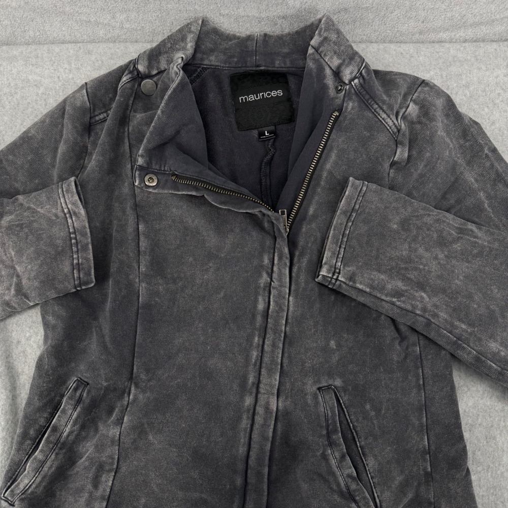 Maurices Womens Charcoal Gray Acid Wash Moto Jacket French Terry Size L